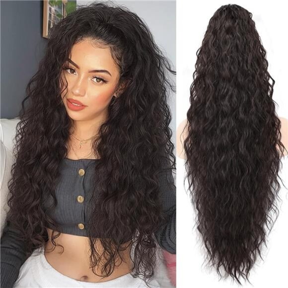Other - Claw Long Wavy Ponytail Extension Black Brown 30" Curly Pony Tail Clip